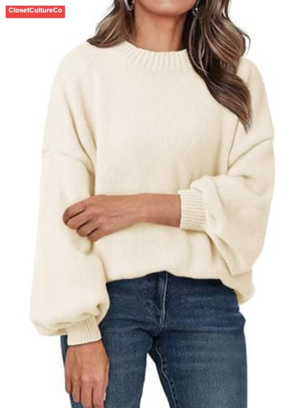 Womens Oversized Chunky Knit Sweater Lantern Sleeve Mock Neck Pullover